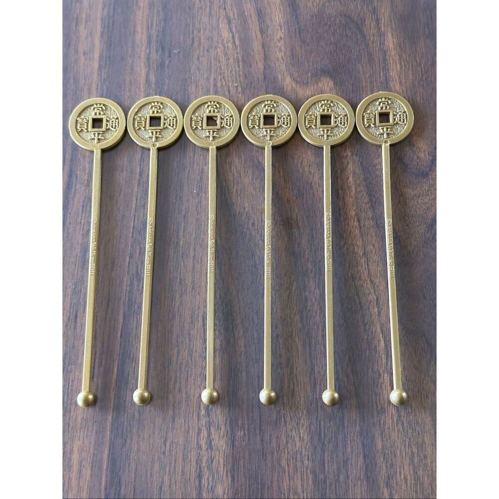 Vintage Chinese Coins Plastic Swizzle Stick Cocktail Drink Barware Collectible